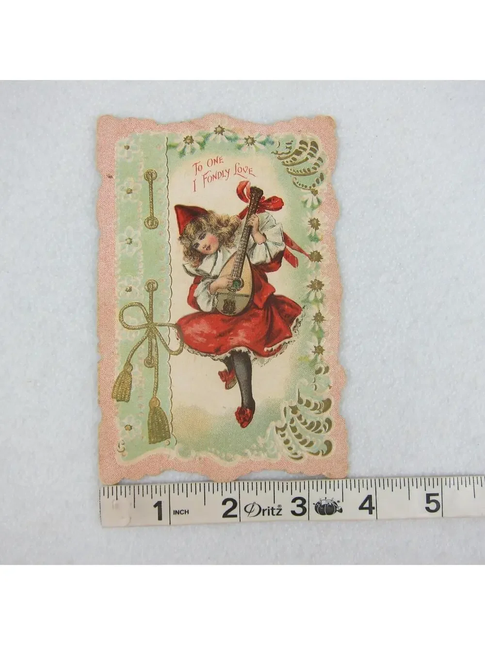 Antique Valentine Blonde Girl Minstrel Play Lute Red Dress Hat Embossed UNSIGNED